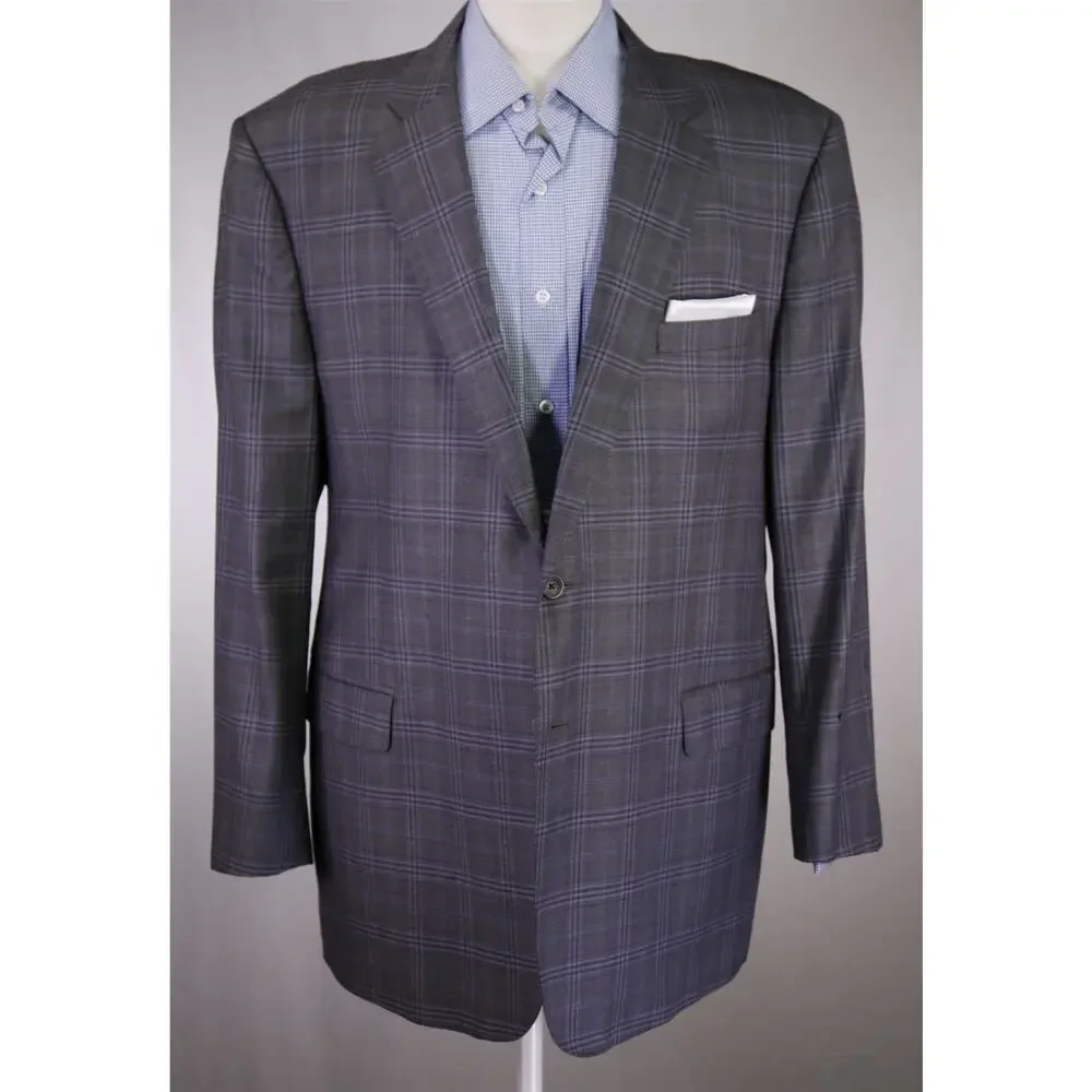 G. Manzoni Gray Blue Windowpane Super 130's Wool Sportcoat Blazer 46R